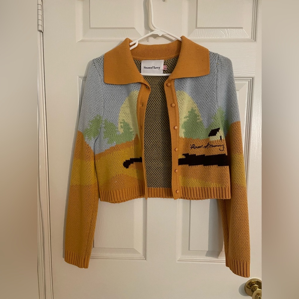 House of Sunny Scenic Blue and Green Cardigan Sweater
